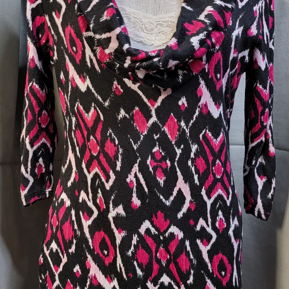 Bobbie Brooks Pink and Black Geometric Cowl Neck Tunic